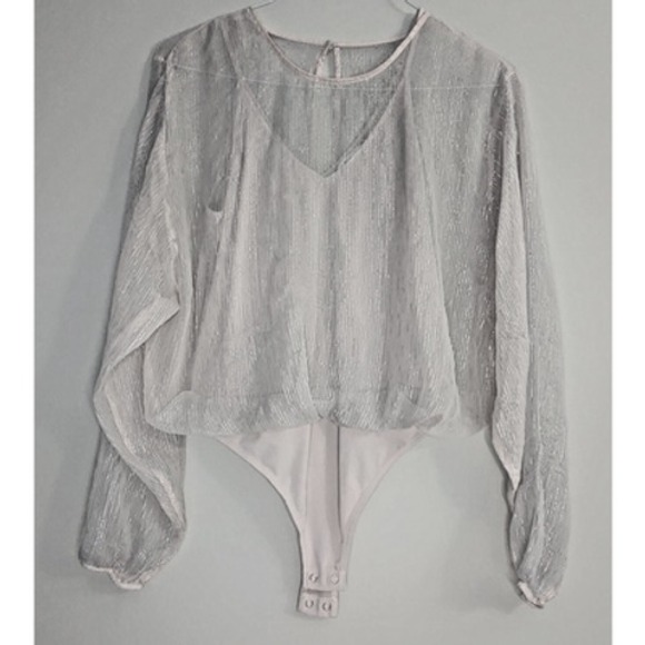 Express Tops - Express Bodysuit Pale Pink Metallic Stripe‎ Sheer Balloon Sleeve Womens Medium